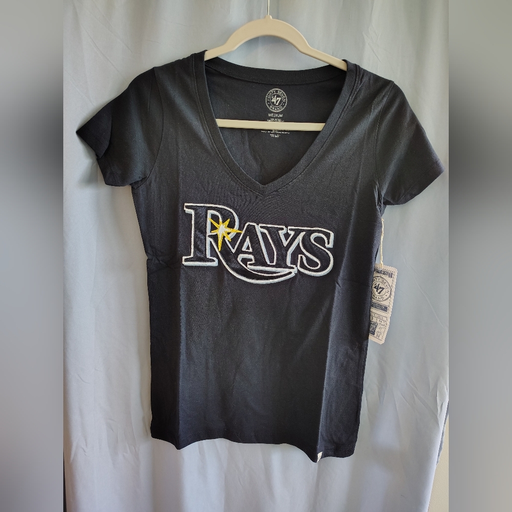 NWT Tampa Bay Rays '47 Brand Womens Medium V-Neck T Shirt Navy Blue MLB